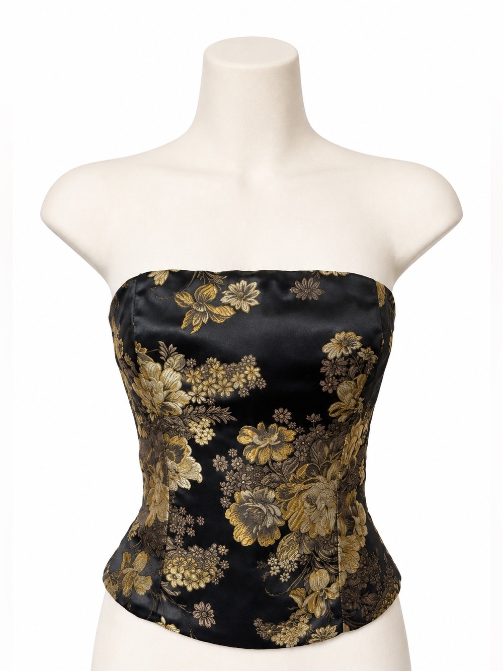 Vintage Pearl Black & Gold Floral Brocade Tie-Back Corset Top Size S/M